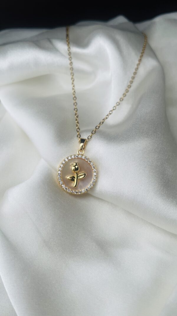 Deeu Elegant Rose Pendant Necklace – Gold Plated with Pink Enamel & CZ Stone Border