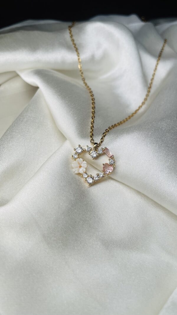 Deeu Romantic Heart Pendant Necklace – Gold Plated with CZ Stones, Pink Gem & Floral Accent